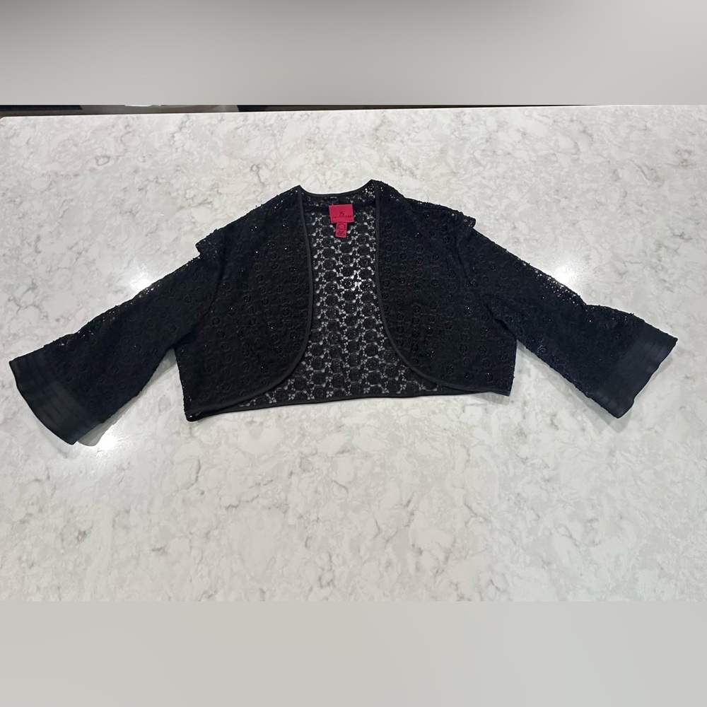 JS collections, size 16 black lace with beading and satin sleeve trim